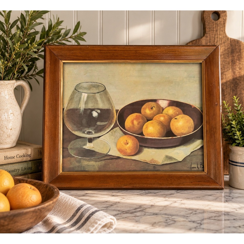 Vintage Henk B Still Life Print Framed Brandy Snifter & Fruit Mid Century Art